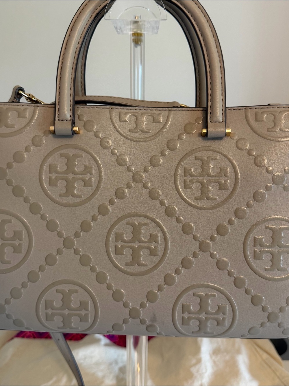 Tory Burch Taupe Embossed Logo Satchel